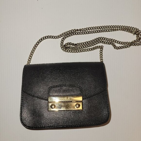 Furla mini metropolis bag purse gold chain strap black leather